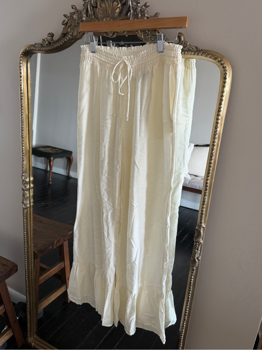 Women's Cream Ruffled Pants with Drawstring Waist